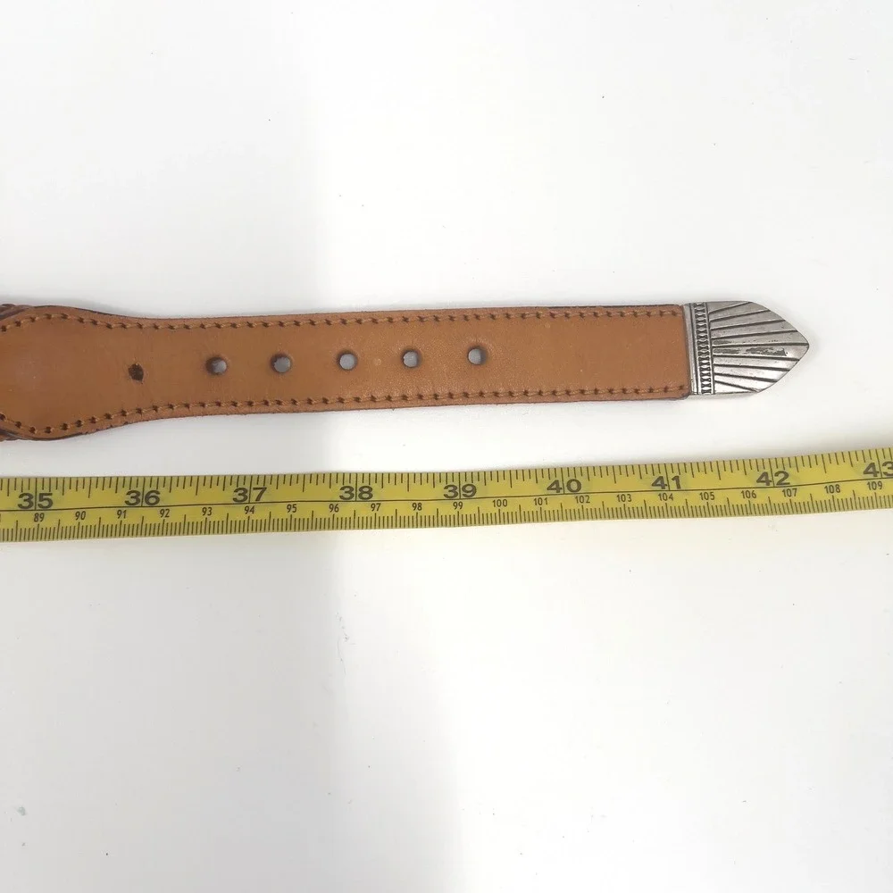 Vintage 1991 Mens Western Leather Belt Braided Edge Silver Engraved Buckle 38